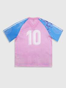 ROMWE MEN Prep World Cup Spring/Summer Casual Graphic Men'S Floral Print V-Neck Colorblock Short Sleeve T-Shirt, Summer, 2000S Style - Pink - View 2
