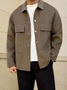Manfinity Dauomo Men's Solid Color Pocket Front Button Casual Long Sleeve Shacket, Fall - Brown - View 1