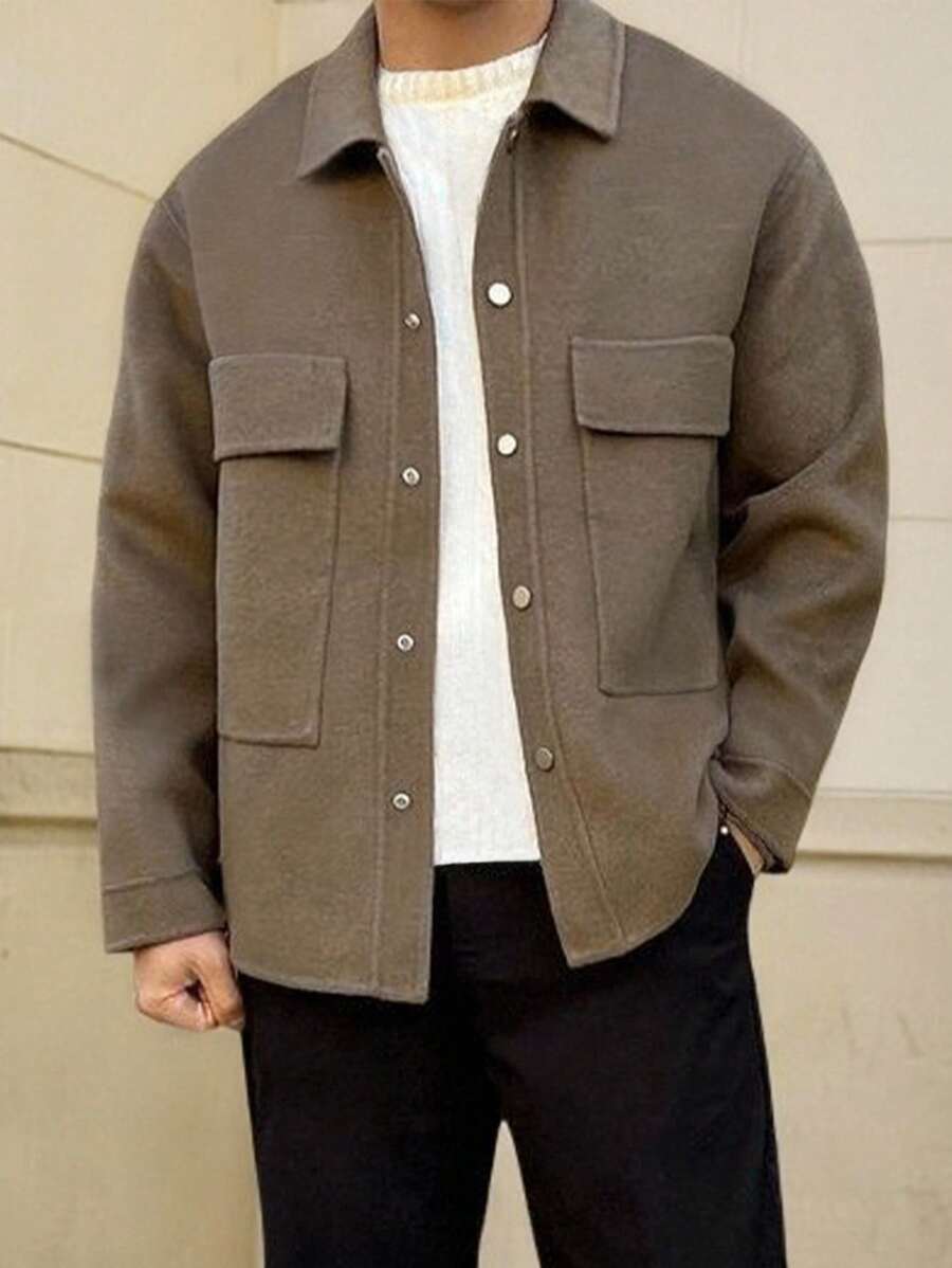 Manfinity Dauomo Men's Solid Color Pocket Front Button Casual Long Sleeve Shacket, Fall - Brown - View 1