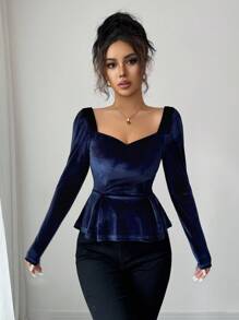 Elenzga Áo thun nhung xếp ly cổ vuông thanh lịch mùa thu - Màu xanh lam - Xem 4