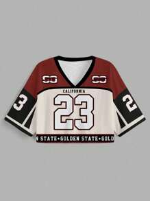 Slaydiva 女士休闲 V 领宽松短款 5 袖网眼 T 恤，印有数字 23，适合运动夏季 - 彩色 - 查看 5