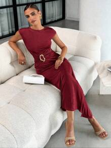 Lavishia 女式夏季杏色金属光泽短袖紧身连衣裙，时尚圆领长裙 - 酒紅色 - 查看 6