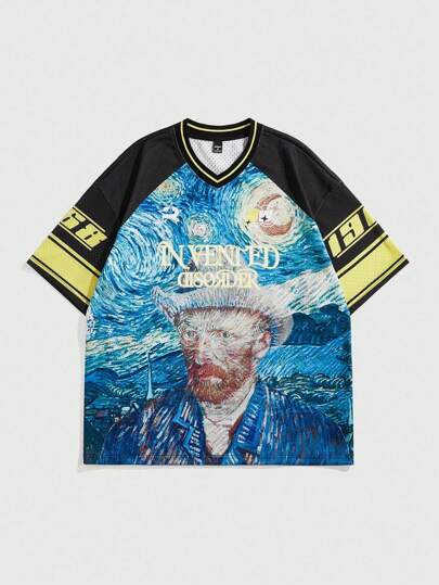 Prep Camiseta de hombre casual de manga corta tipo raglán con cuello en V y estampado de pintura al óleo de verano