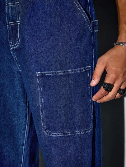 Street Life Men's Casual Streetwear Patchwork Pocket Contrast Stitch Loose Wide-Leg Jeans
