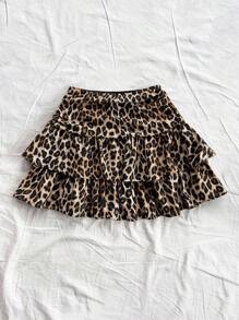 SHEIN 少女休闲豹纹叠层半身裙 - 棕色 - 查看 7