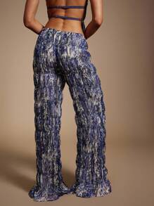 Hauture Pantalones anchos con estampado bohemio y elástico fruncido - Azul y blanco - Ver 2