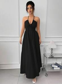 Rafferiza Halter Tie Back Hollow Out Flared Dress