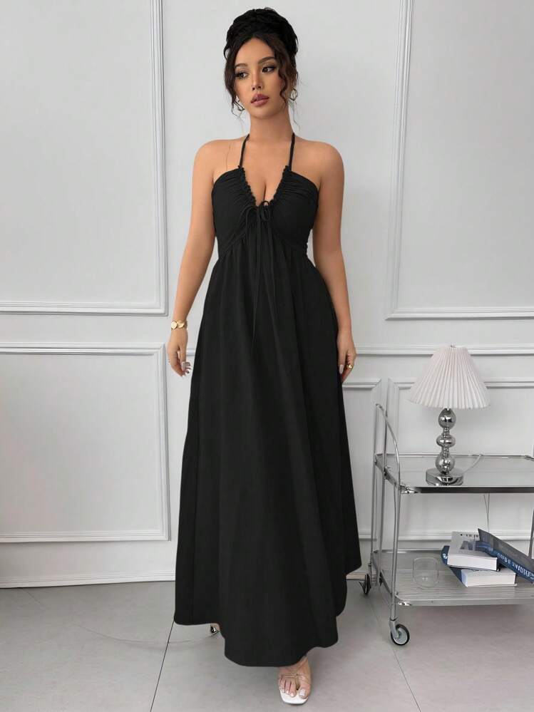 Rafferiza Halter Tie Back Hollow Out Flared Dress Backless Maxi