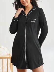 BloomMama 孕妇撞色滚边前扣家居连衣裙，秋冬季舒适居家服 - 黑色 - 查看 4