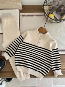 SHEIN LMoss Kids 2 Pieces Set For Young Boys And Young Girls, Casual Sportswear, Gentleman College, Japanese And Korean Basic Style, Simple Stand-Up Collar, Half-Open Cardigan, Black And White Striped Sweater, White Woolen Pants Suit Boys Clothes Boys Outfit Sets Back To School Clothes,In Fall/Winter