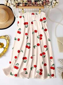 SHEIN Clasi Falda holgada con estampado de cerezas en corte evasé para mujer de talla grande - Multicolor - Ver 2