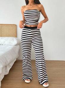 2pcs/Set Casual & Comfortable Seamless Crop Top & Pants Set For Teenage Girls Striped Two Piece Set - Multicolor - View 4