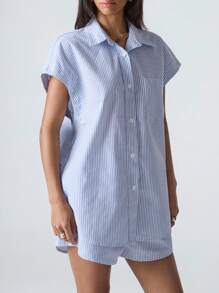 LYSMO 2件套女士休闲通勤条纹衬衫和短裤 - 藍色 - 查看 7