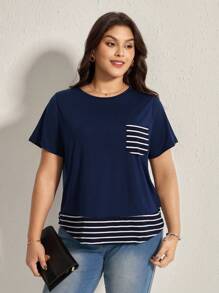 SHEIN LUNE Camiseta informal de verano de estilo occidental, bohemio y de los 90 para mujer, con tallas grandes, en diseño de parches a rayas y en contraste de color, con bolsillo decorativo, para salir