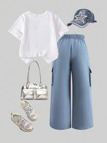 SHEIN Wildeya 2pcs/Set Young Girl Knitted White Short Sleeve Top T-Shirt & Blue Knitted Sequin Bow Decor Cargo Pants, Summer Outfit