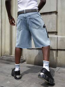 Street Life Men's Cross Print Rhinestone Embellished Denim Shorts - Blue - View 3