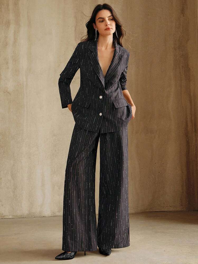 Women's Autumn/Winter New Arrival, Halloween & Christmas, Luxury Urban Chic High-Waisted Wide Leg Pants With Embellished Vertical Stripes, Elegant & Sophisticated For Party & Evening Wear