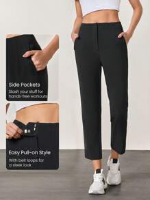 GLOWMODE 抗皱弹性易穿高腰锥形工作裤，带侧袋，日常休闲办公 - 黑色 - 查看 6