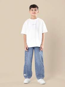 SUMWON 复古90年代风格侧边滚边阔腿牛仔裤青少年男童滑板篮球裤街头潮流冬秋时尚 - 藍色 - 查看 3