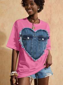 Denim Heart Design Oversize T-Shirt, Cotton Material, Round Neck, Decorative Denim Pocket Detail, Distressed Heart Pattern, Short Sleeves, Casual Wear, Creative Style, Regular Fit, Statement Piece, Perfect For Daily Wear, Unique Design Element, Breathable Cotton Fabric - Baby Pink - View 4