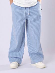 SUMWON Pantalones verticales de rayas anchas de verano, con cintura ajustable con cordón, de diseño casual y cómodo, perfectos para la playa, primavera y uso diario durante todo el año - Azul - Ver 1