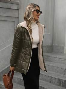 Aveloria Modichic Ropa de abrigo acolchada con capucha a cuadros sencillos, casual y versátil - Verde militar - Ver 7