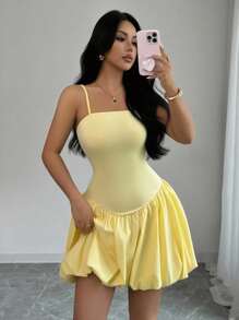 Chiquease 女士夏季可调节吊带修身低腰泡泡南瓜下摆黄色连衣裙 大学夏季连衣裙 - 黃色 - 查看 8