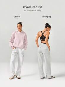 GLOWMODE 30'' Everyday Fleece Wide Leg Adjustable Drawstring Waist Cargo Joggers Pants Daily Casual Fall Winter - Grey - View 2