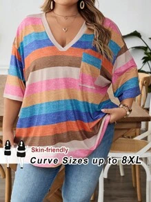 SHEIN CURVE+ Curve 大码/秋装/秋季女装/女冬装/冬装大码女式 V 领撞色条纹宽松休闲短袖 T 恤带口袋，适合夏季 - 彩色 - 查看 1