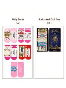 HARRY POTTER X SHEIN 5 Pairs Gift Box Packaging Soft & Breathable Moisture-Wicking Casual Women Ankle Socks WithBertie Bott's Every Flavor Beans Fashionable And Cute Pink Short Socks Reinforced Toe & Heel For Durabiliy All Season All-Match,Christmas