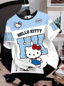 HELLO KITTY AND FRIENDS | SHEIN 女士宽松卡通字母图案印花短袖休闲舒适圆领 T 恤，夏季 - 白色 - 查看 2