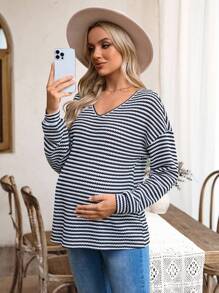 SHEIN Pregnant Women Spring/Autumn Casual Commuting Black & White Striped V-Neck Backless Twist Loose Sweatshirt