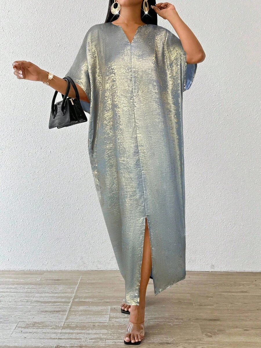 SHEIN Lady 2025 New Holiday Dresses Four Season/Wedding Guest/Church Attire/Prom Dress/Gold Skirt/Dinner Outfit/Gold Women's Satin Jacquard Front Slit Dress, Casual Party Elegant - Gray Blue - View 1