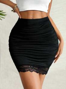 SHEIN Clasi Chân váy bút chì mini màu đen xếp nếp ren tương phản cho nữ - màu đen - Xem 1