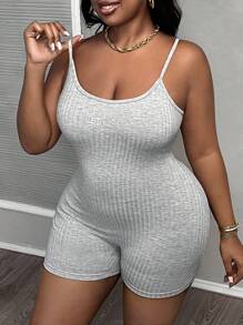 SHEIN Tall CURVE Plus Size Women's Slim Fit Solid Light Gray Cami Jumpsuit, Texture Fabric With Thin Grooves, Low-Cut Neckline, Sleeveless, For Daily Wear, Leisure And Sports Activities