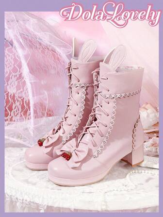 Dola Lovely Damen süße rosa Schleifendekor Schnürstiefel, Wadenhoch