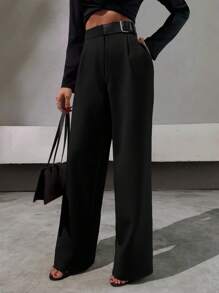 SHEIN Elegant Style, Half Faux Leather Belt Detailed Straight Fit Pant