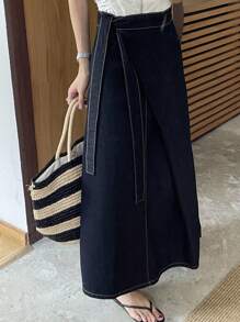 DAZY 女士侧边打结长款休闲牛仔裙 - 藍色 - 查看 7