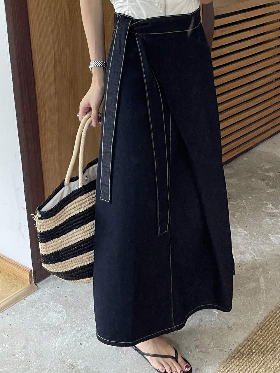 Women's Side Knot Long Casual Denim Skirt Petite