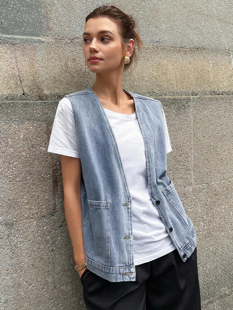 Women's Deep V Single-Breasted Pocket Loose Casual Denim Vest Women Vest Vest Shirt Jeans Vest Denim Waistcoat