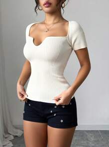 SHEIN Clasi Women's Rib-Knit Apricot Knit Top Notched Neckline Short Sleeve Casual Summer Top For Women - Apricot - View 5