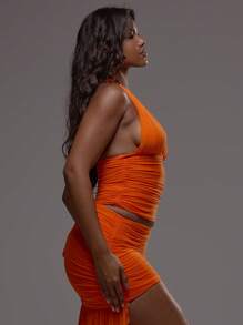 MUSERA Halterneck Plunge Front Ruched Fitted Sleeveless Top Only Ibiza Sexy Vacation Holiday Festival Romantic Elegant Birthday Wedding Guest Going Out Top Party Fall ,Elegant Spring Summer Carnival - Orange - View 4