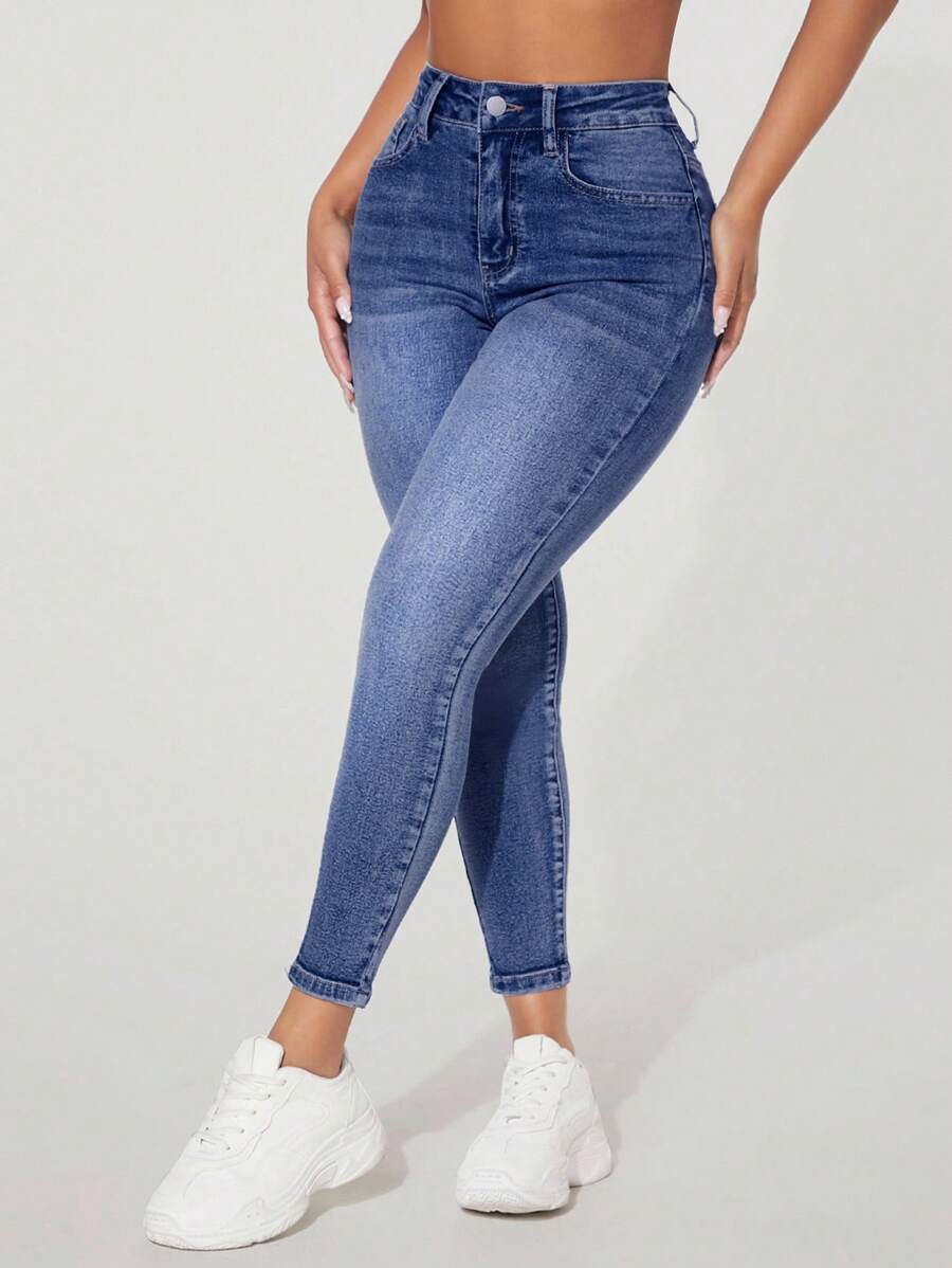 SHEIN PETITE High-Waisted Button-Embellished Skinny Stretch Distressed Y2K Jeans Thermal Lined Skinny Jeans With Pockets, Autumn & Winter Thickened Denim - Medium Wash - View 1