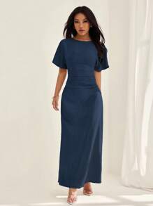 SHEIN PETITE 女式夏季纯色亚麻混纺休闲优雅连衣裙，