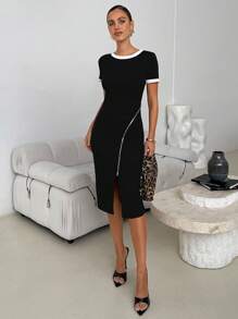 Lavishia 女士拼色圆领短袖侧开衩下摆修身中长连衣裙 - 黑色 - 查看 4