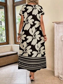 EMERY ROSE Vestido casual minimalista preto e damasco com listras geométricas e estampa floral, versátil para mulheres, adequado para o verão e férias