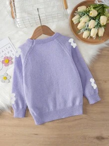 SHEIN 适合年轻女孩的花卉图案圆领插肩袖休闲毛衣 - 紫色 - 查看 2