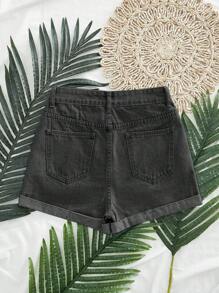 SHEIN EZwear Quần short denim đa năng thường ngày có túi bo gấu dành cho nữ - màu đen - Xem 2