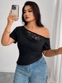 Elenzga Áo thun nữ cỡ lớn cổ bẻ bất đối xứng ren ghép thanh lịch - trắng - Xem 3