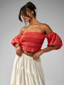 MISSGUIDED PLUS Plus Size Shirred Smocked Crop Top Off Shoulder Puff Sleeve Elastic Summer Party Festival Bardot Blouse Flowy Boho Elastic Ruffle Trim Cotton Blend - Red - View 1